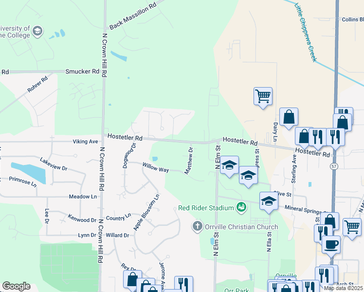 map of restaurants, bars, coffee shops, grocery stores, and more near 1012 Hostetler Road in Orrville