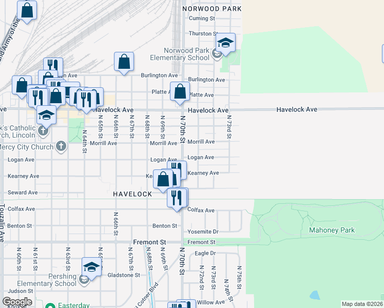 map of restaurants, bars, coffee shops, grocery stores, and more near 7030 Logan Avenue in Lincoln