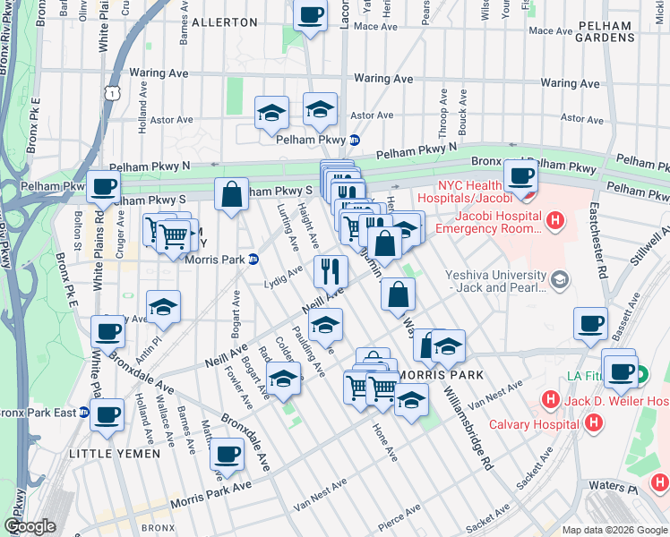 map of restaurants, bars, coffee shops, grocery stores, and more near 2023 Haight Avenue in Bronx