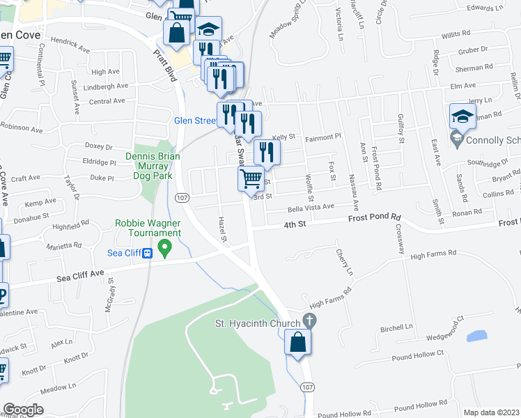 map of restaurants, bars, coffee shops, grocery stores, and more near 11 Gabriel Place in Glen Cove