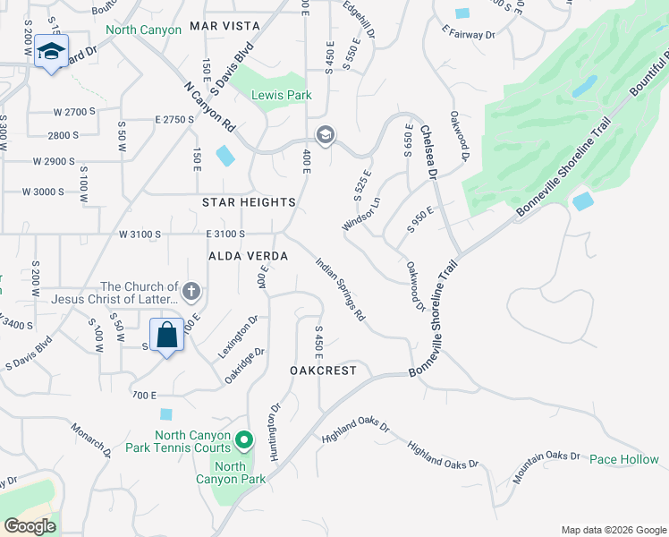 map of restaurants, bars, coffee shops, grocery stores, and more near 445 Indian Springs Road in Bountiful