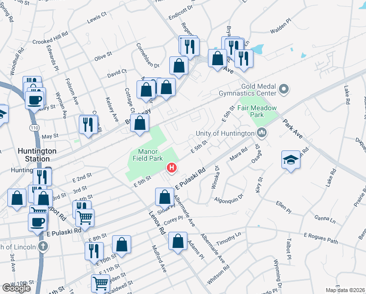 map of restaurants, bars, coffee shops, grocery stores, and more near 202 Station Way in Huntington Station