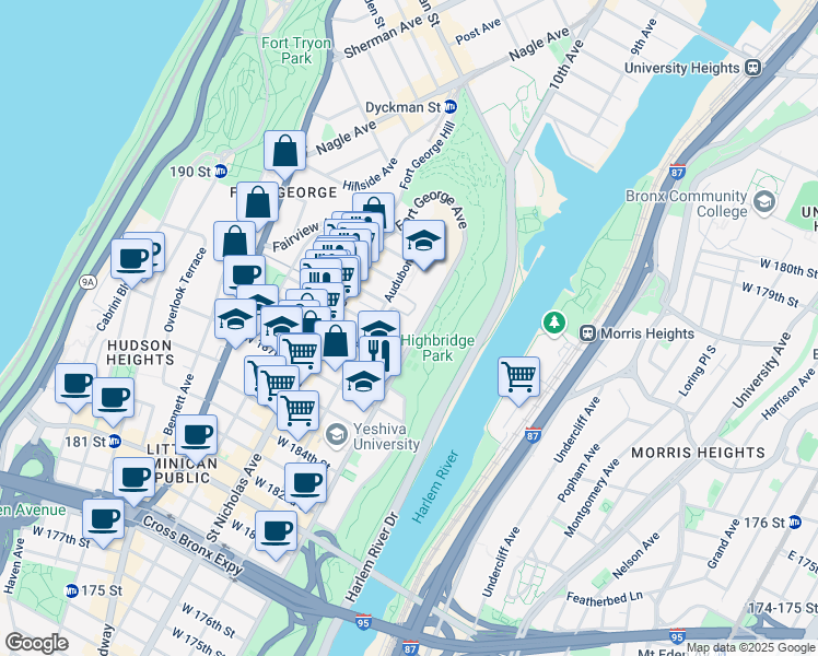 map of restaurants, bars, coffee shops, grocery stores, and more near 515 Audubon Avenue in New York