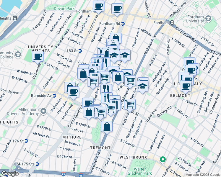 map of restaurants, bars, coffee shops, grocery stores, and more near 308 East 181st Street in Bronx