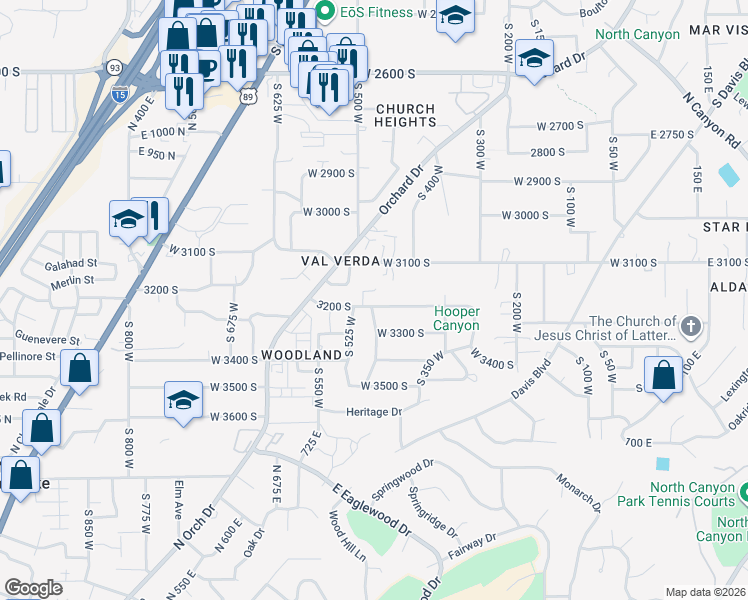 map of restaurants, bars, coffee shops, grocery stores, and more near 443 3200 South in Bountiful