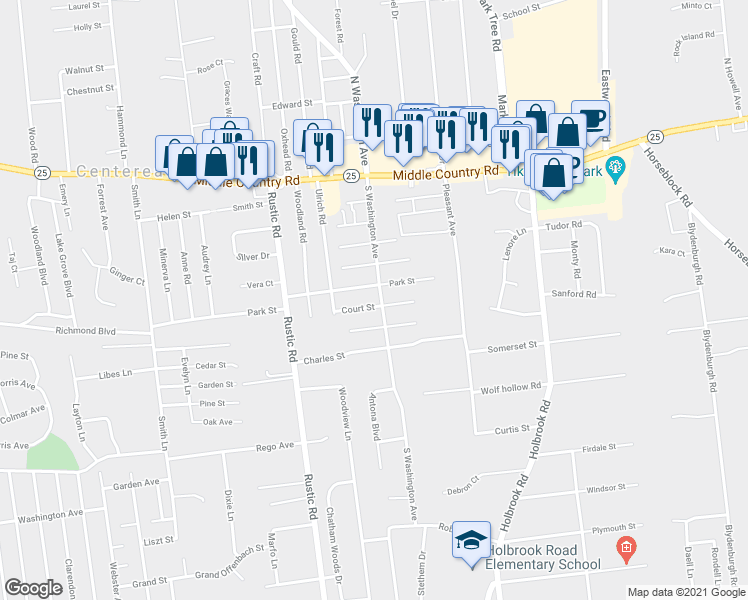 map of restaurants, bars, coffee shops, grocery stores, and more near 45 South Washington Avenue in Centereach