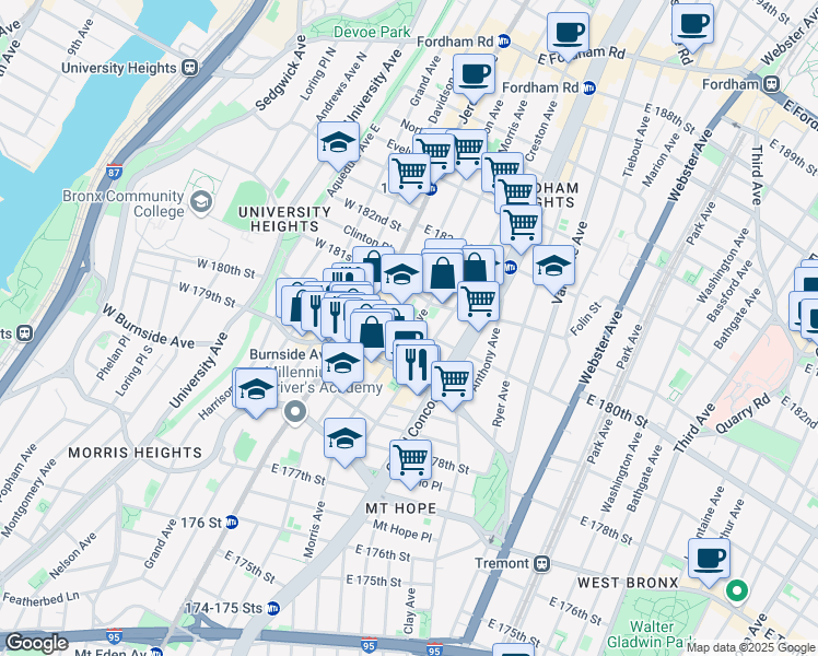 map of restaurants, bars, coffee shops, grocery stores, and more near 2079 Morris Avenue in Bronx