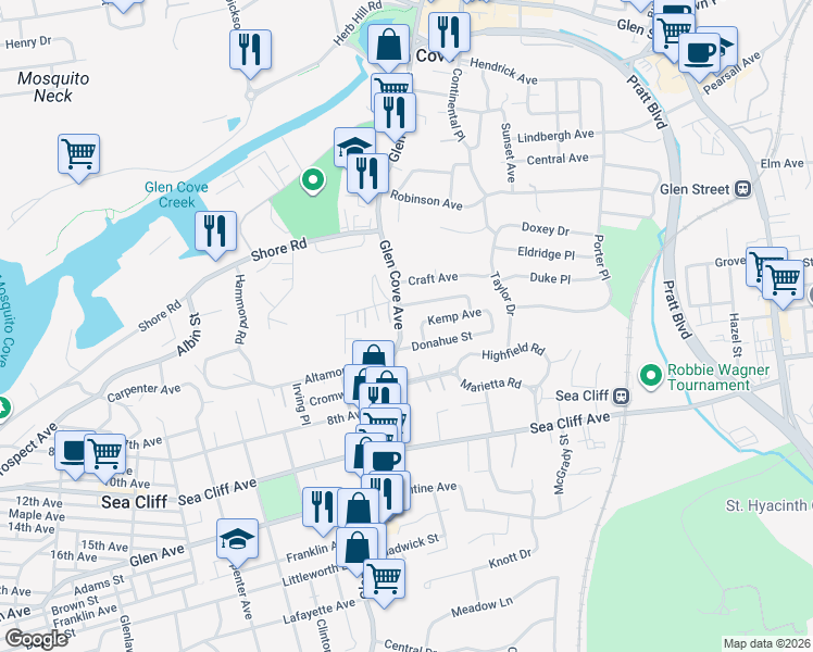 map of restaurants, bars, coffee shops, grocery stores, and more near 3 Kemp Avenue in Glen Cove