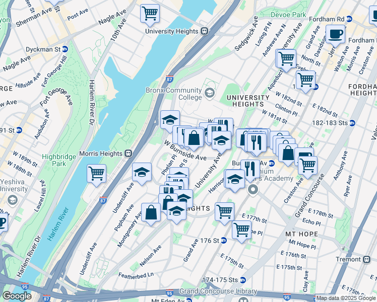 map of restaurants, bars, coffee shops, grocery stores, and more near 1899 Andrews Avenue South in Bronx