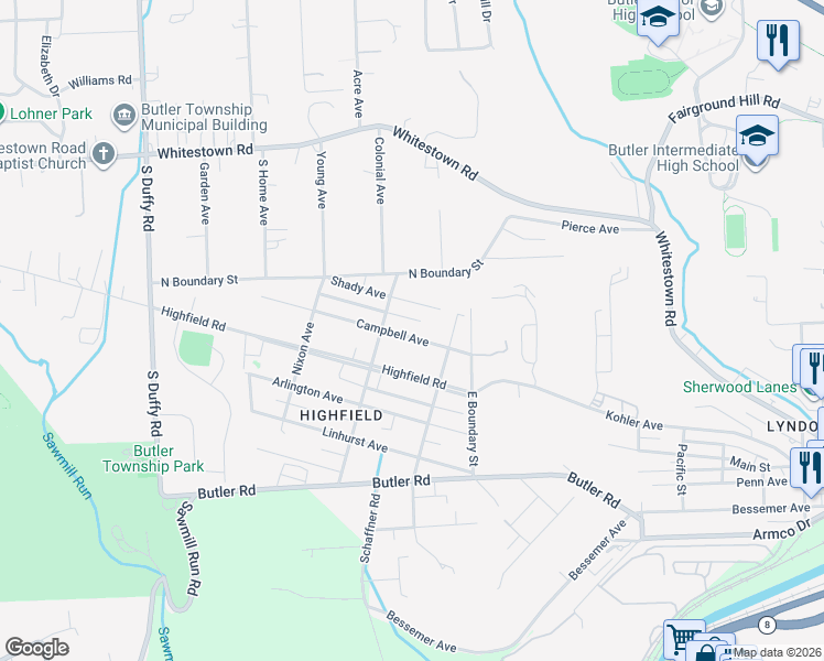 map of restaurants, bars, coffee shops, grocery stores, and more near 118 Campbell Avenue in Butler