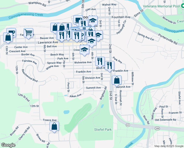 map of restaurants, bars, coffee shops, grocery stores, and more near 408 Division Avenue in Ellwood City