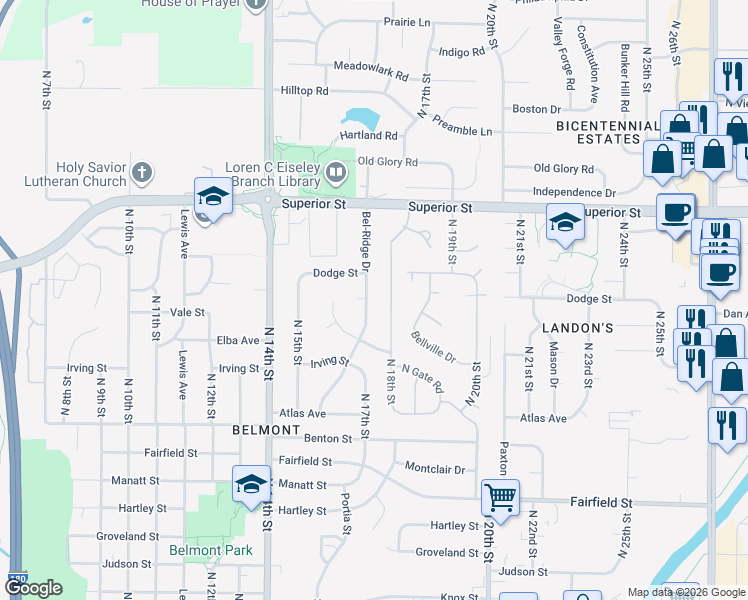 map of restaurants, bars, coffee shops, grocery stores, and more near 4275 North 18th Street in Lincoln