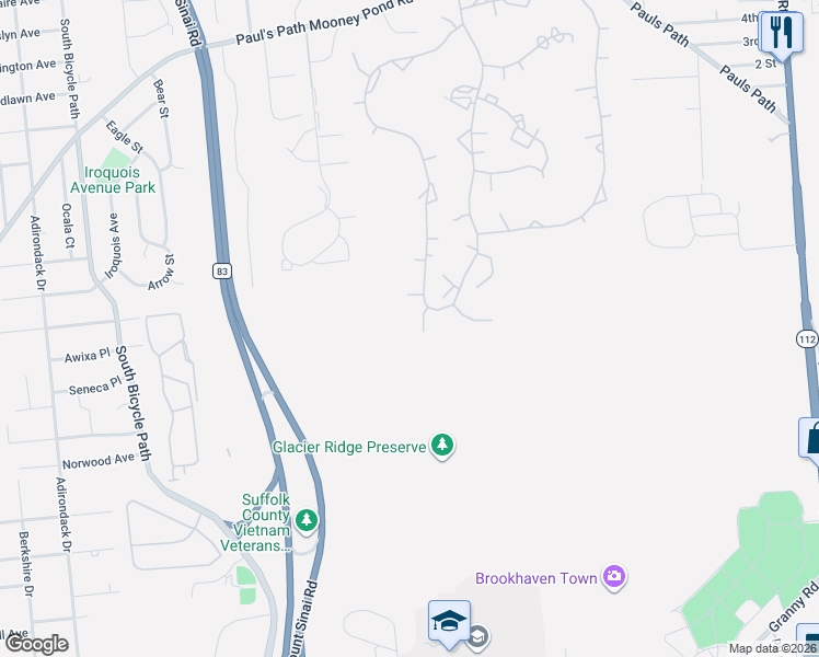 map of restaurants, bars, coffee shops, grocery stores, and more near 950 Skyline Drive in Coram