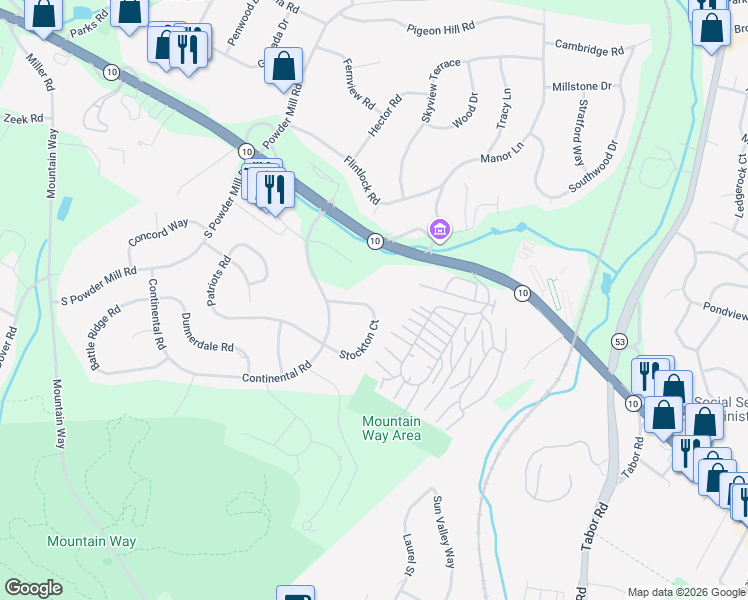 map of restaurants, bars, coffee shops, grocery stores, and more near 46 Stockton Court in Morris Plains