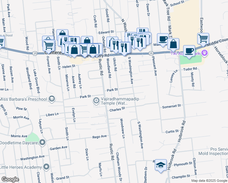 map of restaurants, bars, coffee shops, grocery stores, and more near 34 Woodland Road in Centereach