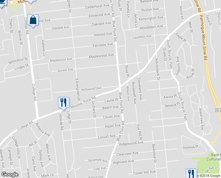 map of restaurants, bars, coffee shops, grocery stores, and more near 14 Hollywood Avenue in Selden