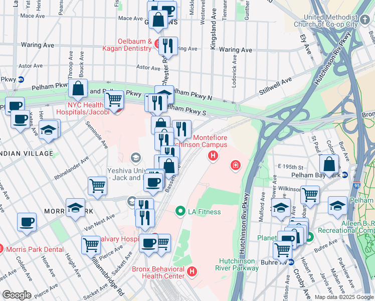 map of restaurants, bars, coffee shops, grocery stores, and more near 1559B Bassett Avenue in The Bronx