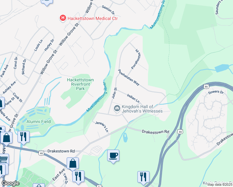 map of restaurants, bars, coffee shops, grocery stores, and more near 21 Indian Lane in Hackettstown