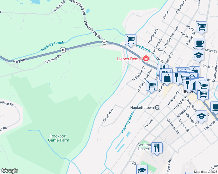 map of restaurants, bars, coffee shops, grocery stores, and more near 30 Roosevelt Avenue in Hackettstown
