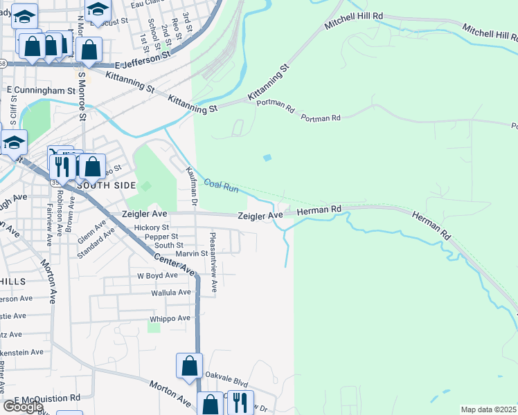 map of restaurants, bars, coffee shops, grocery stores, and more near 461 Zeigler Avenue in Butler