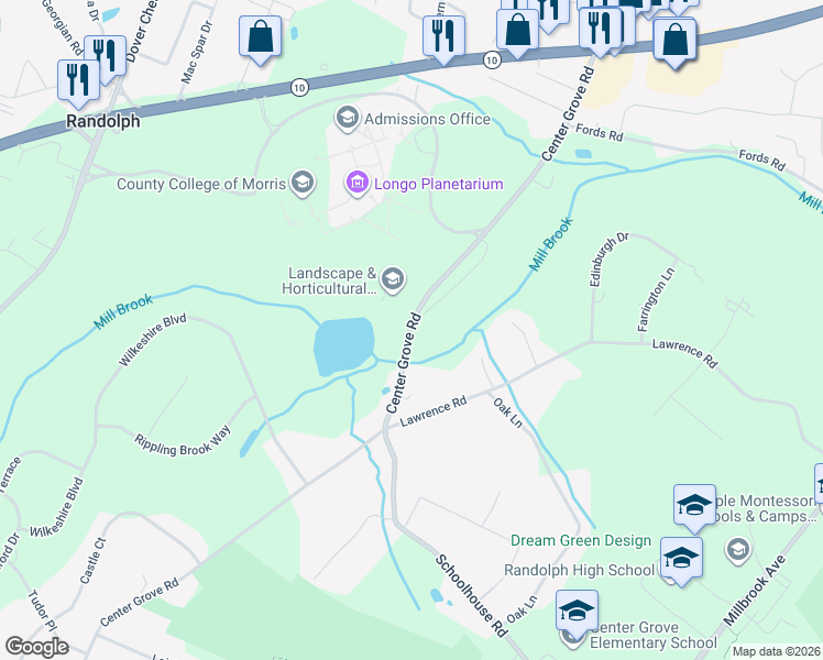 map of restaurants, bars, coffee shops, grocery stores, and more near 221 Center Grove Road in Randolph