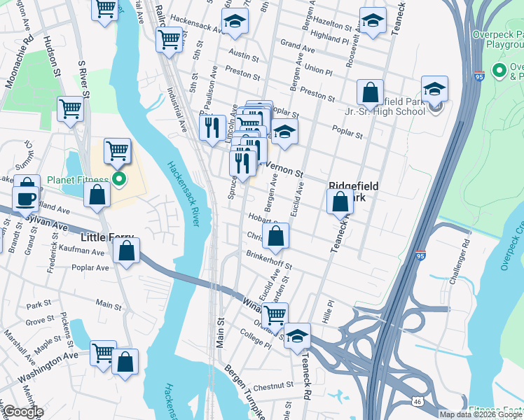 map of restaurants, bars, coffee shops, grocery stores, and more near 44 Hobart Street in Ridgefield Park