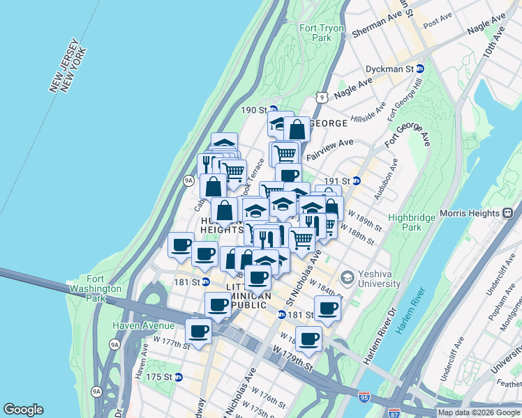 map of restaurants, bars, coffee shops, grocery stores, and more near 120 Bennett Avenue in New York