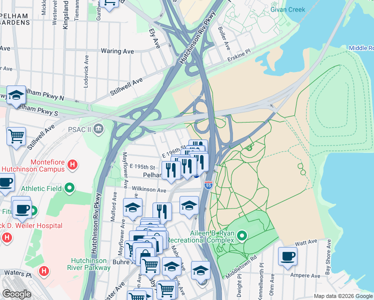 map of restaurants, bars, coffee shops, grocery stores, and more near 2978 East 196th Street in Bronx