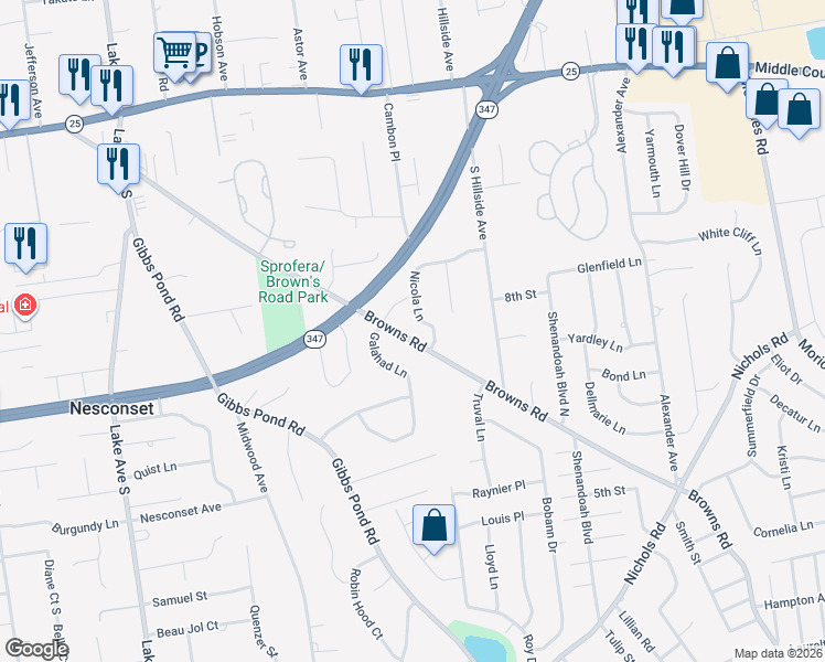 map of restaurants, bars, coffee shops, grocery stores, and more near 104 Browns Road in Nesconset