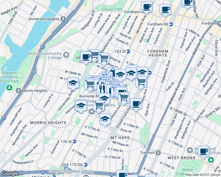 map of restaurants, bars, coffee shops, grocery stores, and more near 2065 Walton Avenue in The Bronx