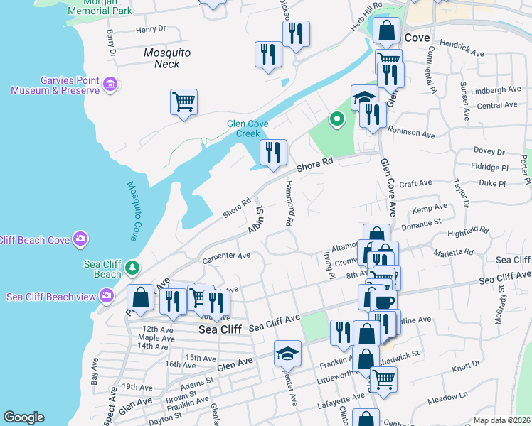 map of restaurants, bars, coffee shops, grocery stores, and more near 15 Albin Street in Glen Cove