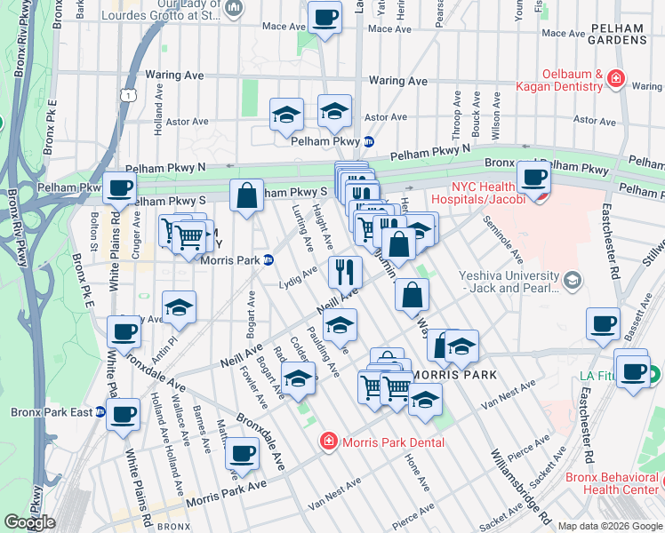map of restaurants, bars, coffee shops, grocery stores, and more near 2023 Haight Avenue in Bronx