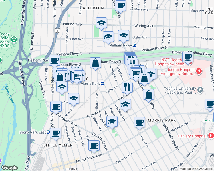 map of restaurants, bars, coffee shops, grocery stores, and more near 2121A Paulding Avenue in Bronx