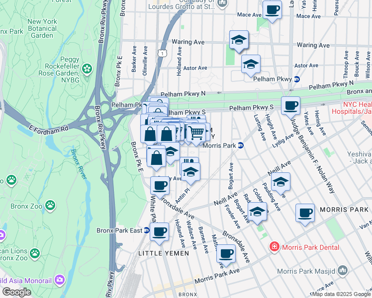 map of restaurants, bars, coffee shops, grocery stores, and more near in The Bronx