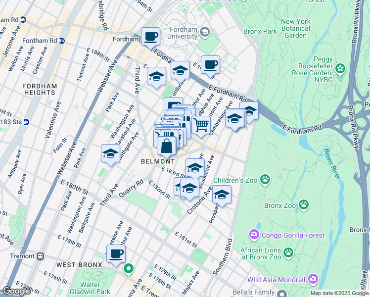 map of restaurants, bars, coffee shops, grocery stores, and more near 631 Crescent Avenue in Bronx