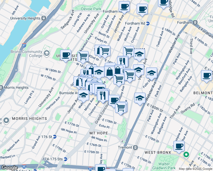 map of restaurants, bars, coffee shops, grocery stores, and more near 2086 Creston Avenue in Bronx