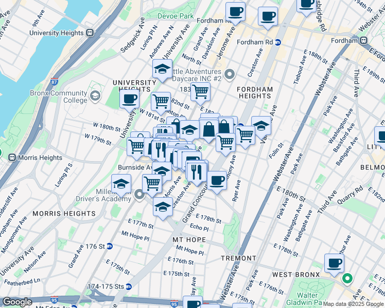 map of restaurants, bars, coffee shops, grocery stores, and more near 2079 Morris Avenue in Bronx