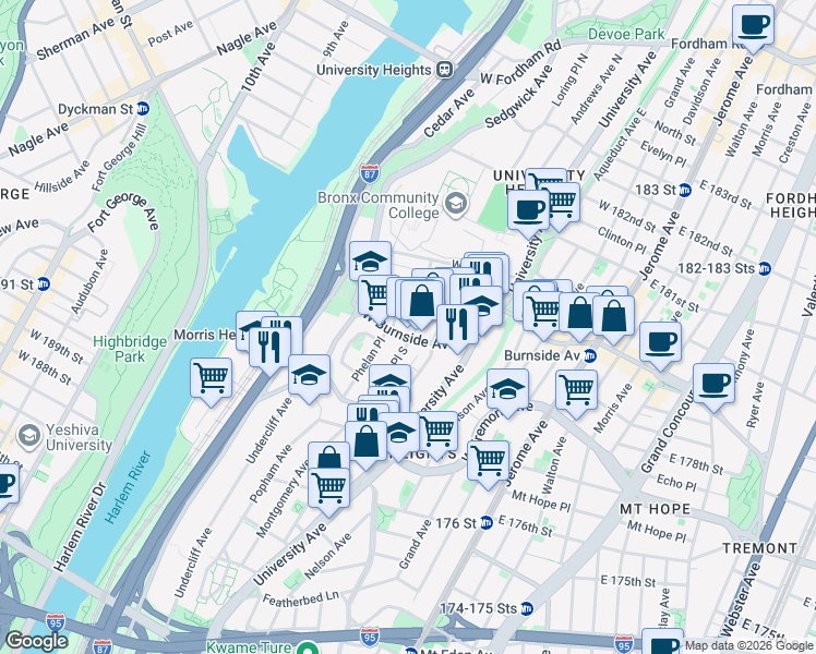 map of restaurants, bars, coffee shops, grocery stores, and more near 179 West Burnside Avenue in The Bronx