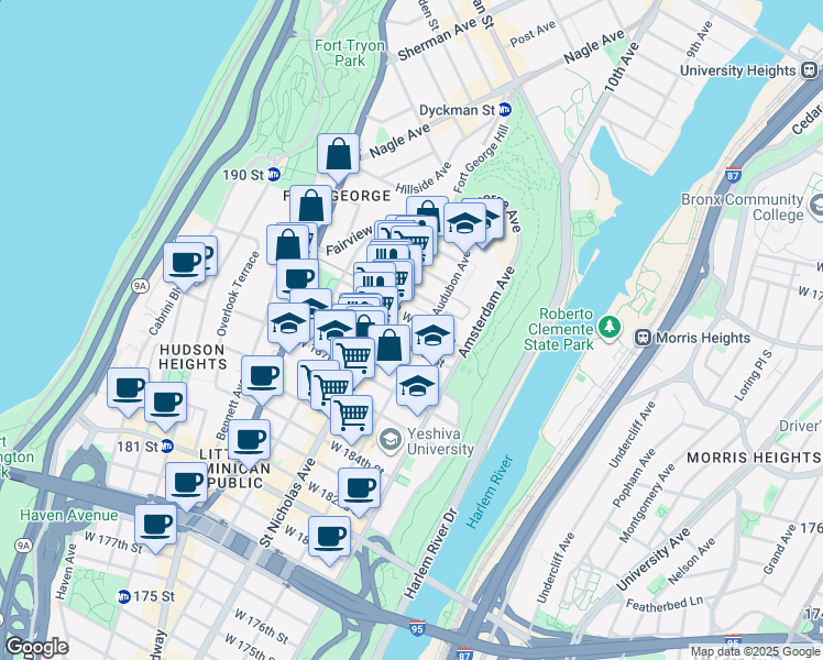 map of restaurants, bars, coffee shops, grocery stores, and more near 559 West 189th Street in New York