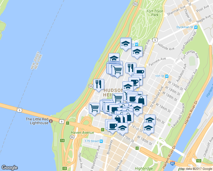map of restaurants, bars, coffee shops, grocery stores, and more near in New York