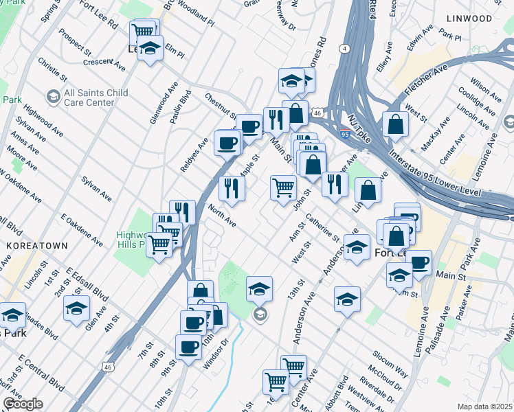 map of restaurants, bars, coffee shops, grocery stores, and more near 1611 Valley Street in Fort Lee
