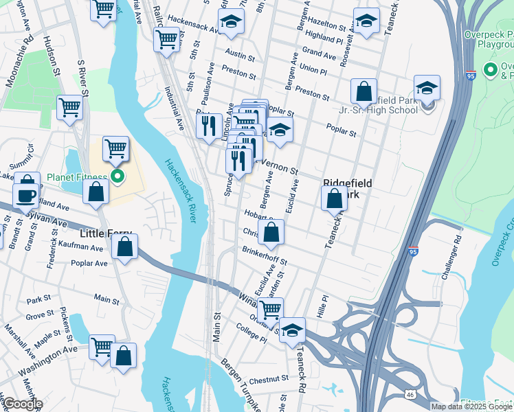 map of restaurants, bars, coffee shops, grocery stores, and more near 44 Hobart Street in Ridgefield Park
