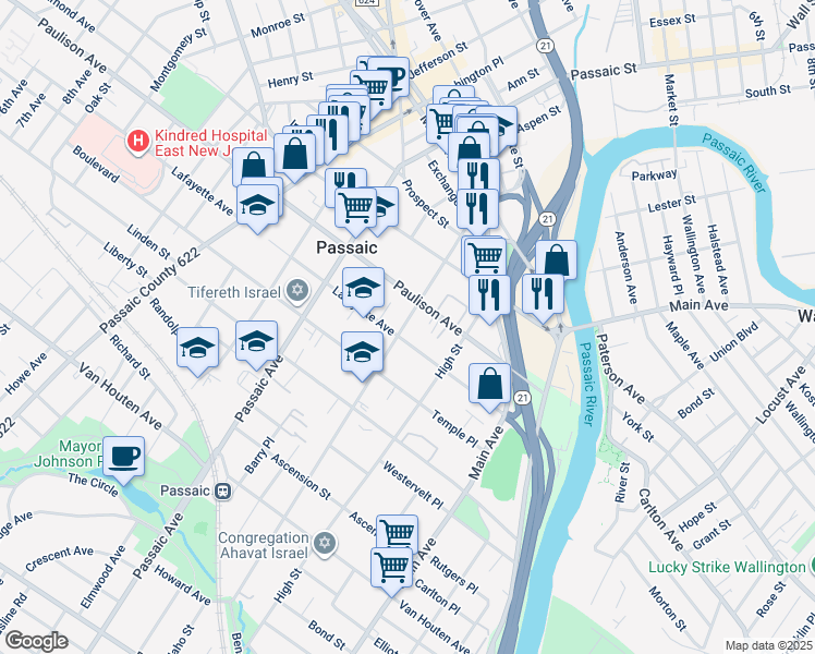 map of restaurants, bars, coffee shops, grocery stores, and more near 149 Lafayette Avenue in Passaic