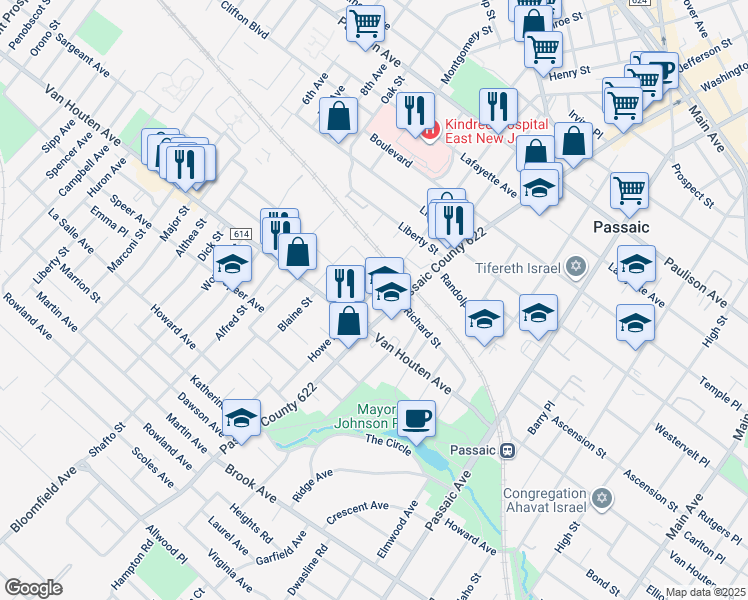 map of restaurants, bars, coffee shops, grocery stores, and more near 374 Broadway in Passaic