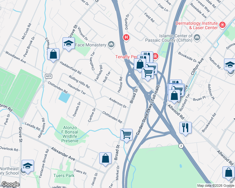 map of restaurants, bars, coffee shops, grocery stores, and more near 211 Haddenfield Road in Clifton