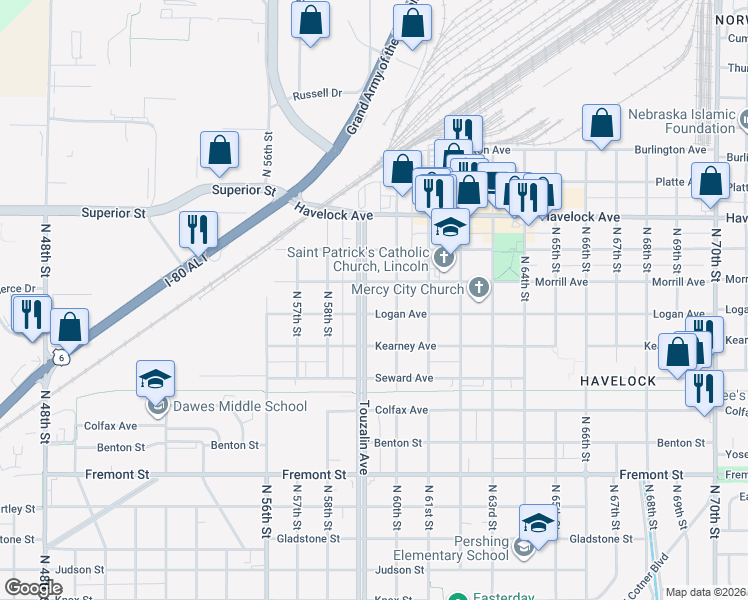map of restaurants, bars, coffee shops, grocery stores, and more near 5940 Logan Avenue in Lincoln