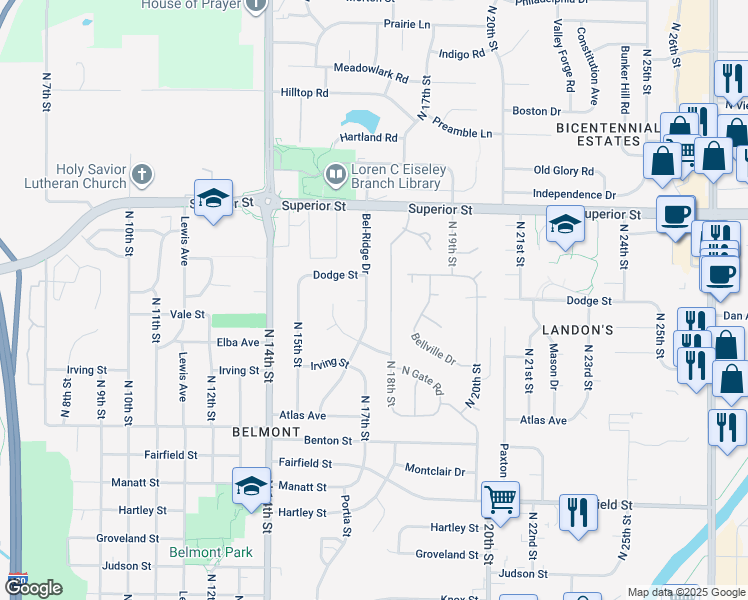 map of restaurants, bars, coffee shops, grocery stores, and more near 4275 North 18th Street in Lincoln