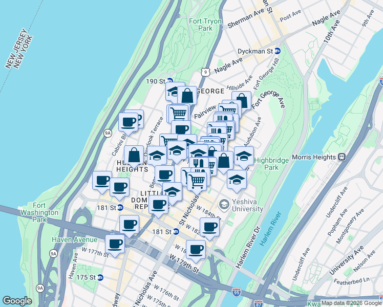 map of restaurants, bars, coffee shops, grocery stores, and more near 660 West 188th Street in New York
