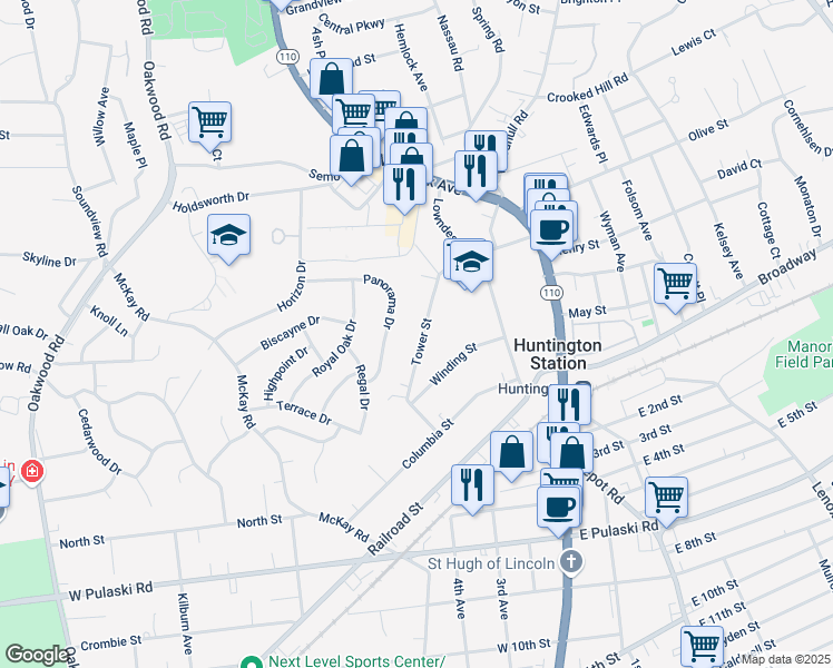 map of restaurants, bars, coffee shops, grocery stores, and more near 45 Tower Street in Huntington Station