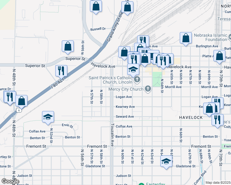 map of restaurants, bars, coffee shops, grocery stores, and more near 5940 Logan Avenue in Lincoln